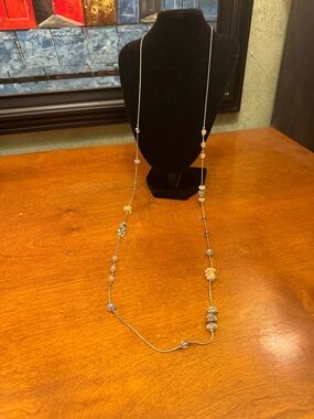 LOFT Long Silver Beaded Necklace with Beige Accents